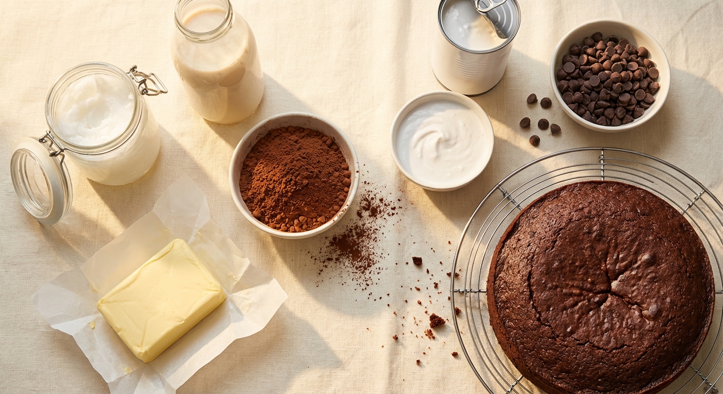 Dairy-free baking scene with coconut oil, oat milk, cocoa powder, and a freshly baked chocolate cake