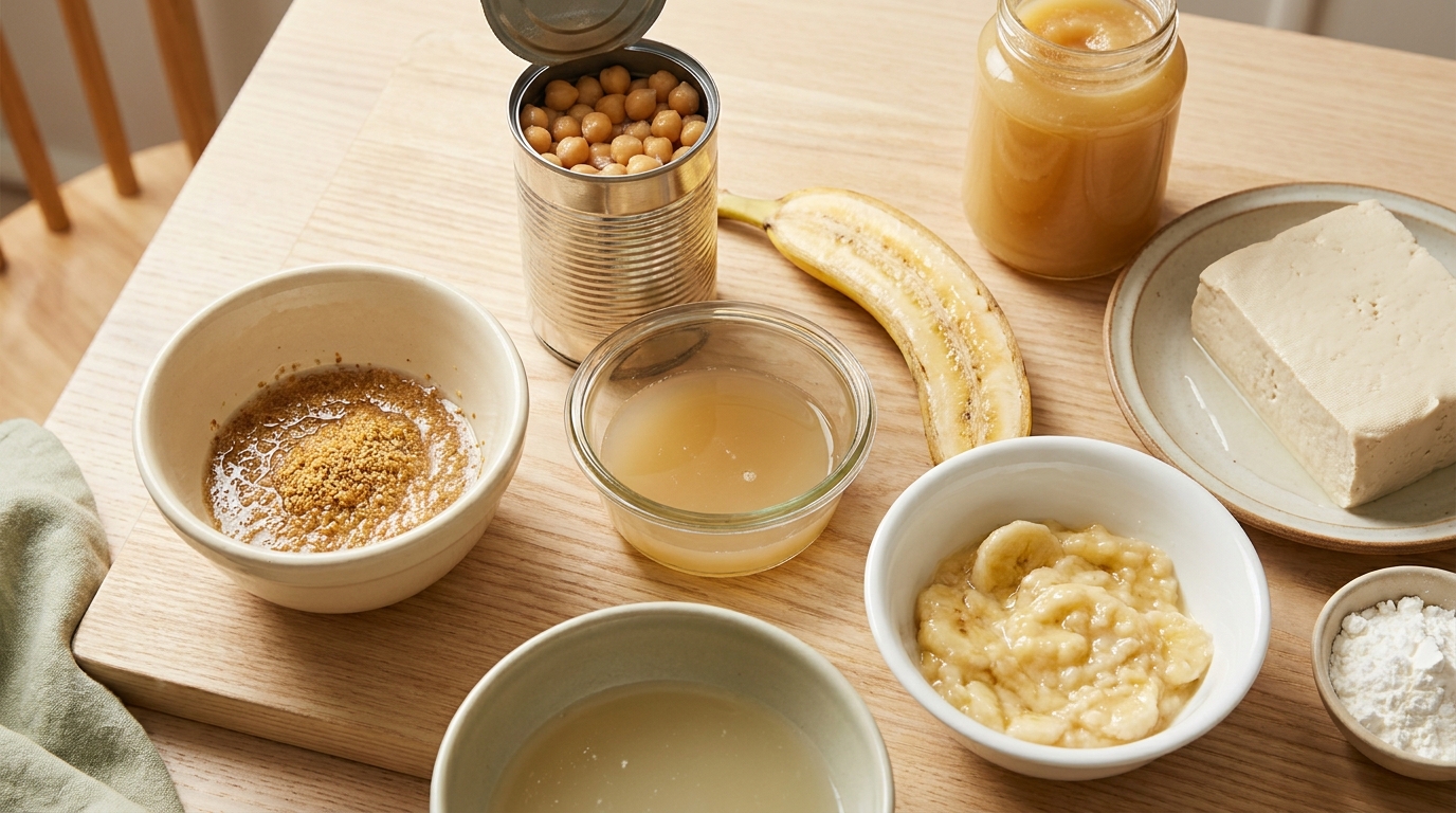 Egg-free baking ingredients including ground flaxseed, a can of aquafaba, mashed banana, applesauce, and silken tofu arranged on a wooden board
