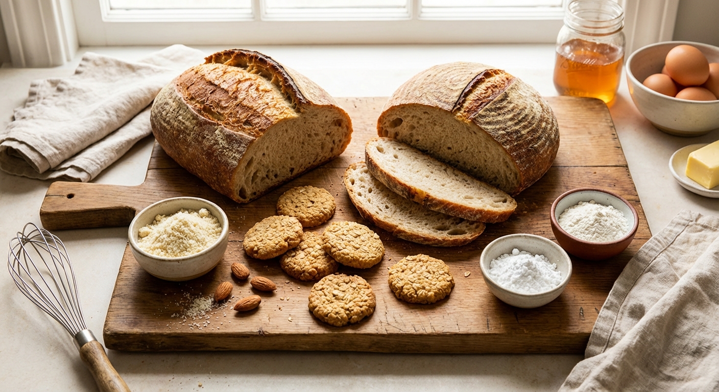 Gluten-free baking scene with freshly baked bread, almond flour, rice flour, and cookies on a rustic cutting board