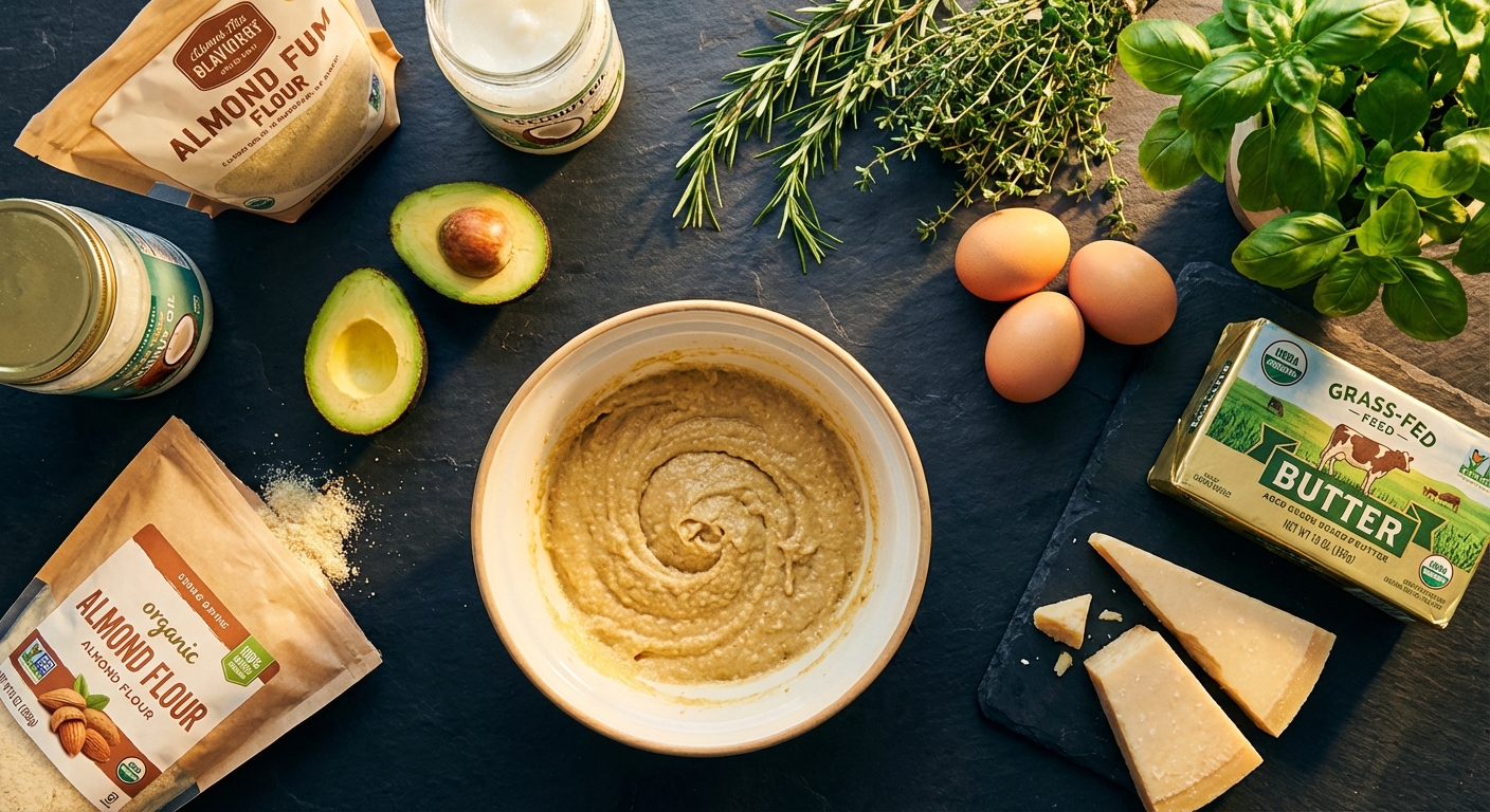 Keto cooking ingredients including avocados, almond flour, butter, eggs, and cheese arranged on a dark slate surface