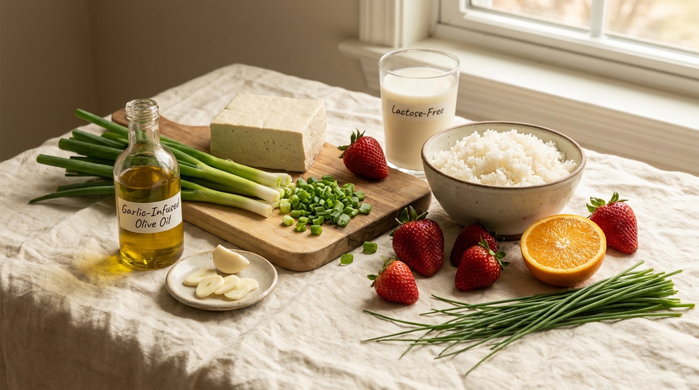 Low-FODMAP ingredients including garlic-infused olive oil, scallion greens, lactose-free milk, firm tofu, strawberries, and rice on a soft linen surface