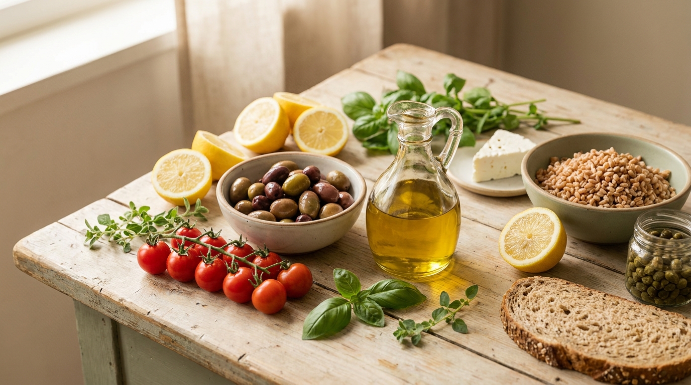 A Mediterranean spread with extra-virgin olive oil, fresh tomatoes, lemons, basil, oregano, olives, feta, whole-grain bread, and a bowl of farro on a rustic wooden table