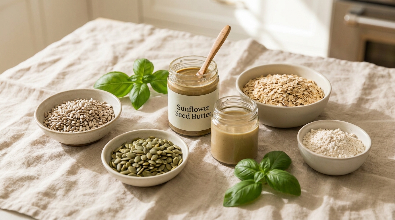Nut-free cooking ingredients including sunflower seeds, pumpkin seeds, sunflower seed butter, tahini, and oat flour arranged on a wooden board