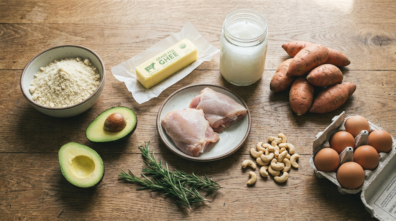 Paleo cooking ingredients including almond flour, coconut milk, avocado oil, fresh meats, and vegetables arranged on a rustic wooden surface