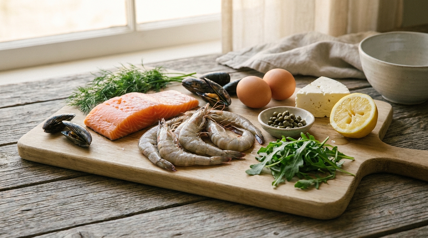 Fresh pescatarian ingredients including salmon fillet, shrimp, mussels, eggs, cheese, and vegetables on a wooden cutting board