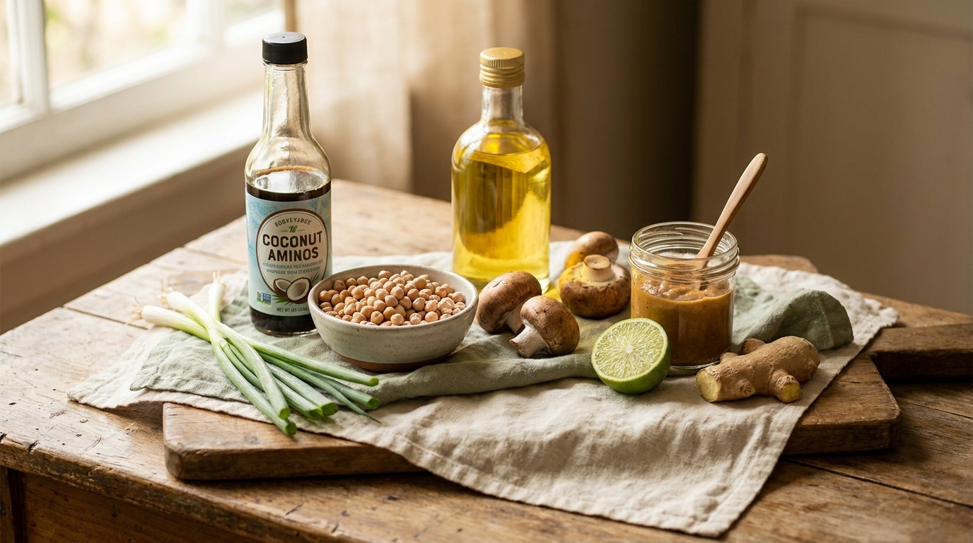 Soy-free pantry ingredients including coconut aminos, chickpeas, sunflower oil, mushrooms, and chickpea miso on a wooden board