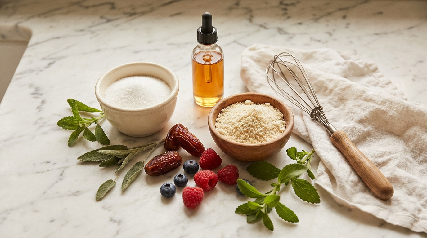 Sugar-free baking ingredients including erythritol, monk fruit sweetener, stevia leaves, almond flour, and fresh berries on a light marble surface