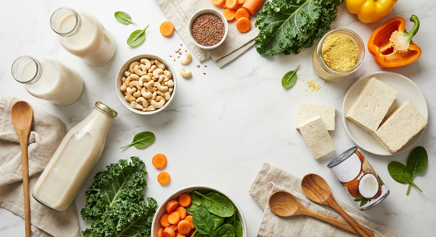 Vegan cooking ingredients including plant-based milk, cashews, tofu, and fresh vegetables on a marble surface