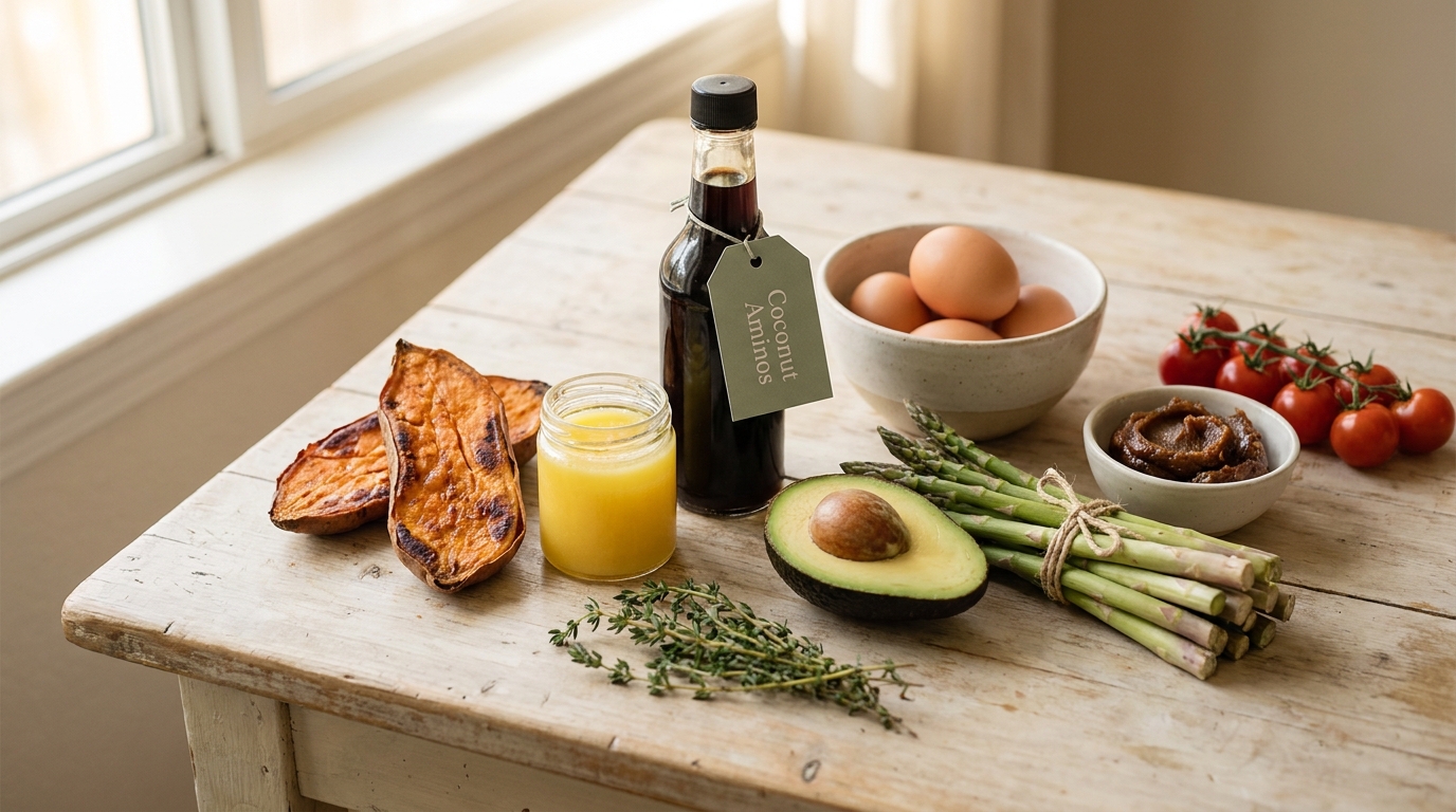 Whole30-compliant ingredients including sweet potatoes, eggs, avocado, ghee, coconut aminos, and fresh vegetables on a styled wooden surface